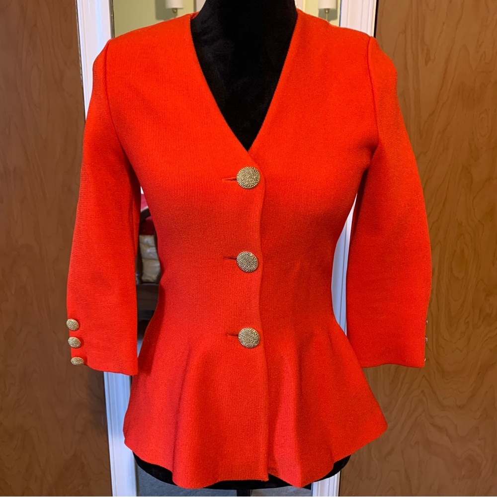 St. John Red Peplum Blazer Jacket Gold Buttons Size 0 | Luxury Designer - Picture 3 of 11